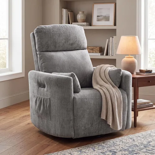 Vista 16 de Silla reclinable giratoria de gran tamaño con calor y masaje, mecedora con reposacabezas ajustable, silla reclinable manual mecedora con 2 Chenille