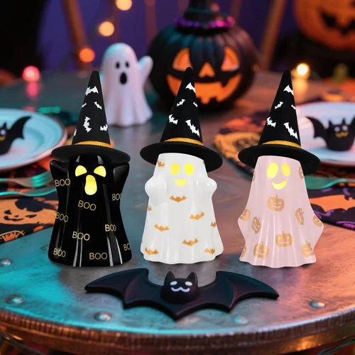 Vista 6 de Decoraciones de Halloween para interiores, juego de 3 fantasmas de cerámica de Halloween con sombreros de bruja, bonita decoración espeluznante