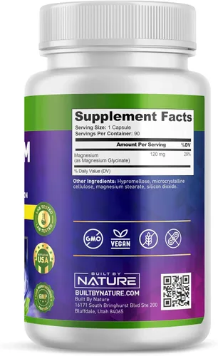 Vista 5 de Built By Nature Glicinato de magnesio - Quelatado para una alta absorción - Suplemento para apoyar el sueño, la salud muscular, cardíaca y nerviosa