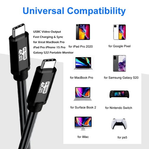 Vista 4 de Cable USB C a C de 20 pies, 100 W 4K60HZ USB tipo C GEN2x2 (datos USB 3.1), salida de video tipo C desde USB3.2/USB4.0 carga rápida y sincronización