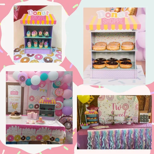 Vista 4 de Soporte de dona de 2 niveles para suministros y decoraciones de fiesta de cumpleaños, soporte para cupcakes, decoración de mesa de postre 4E's