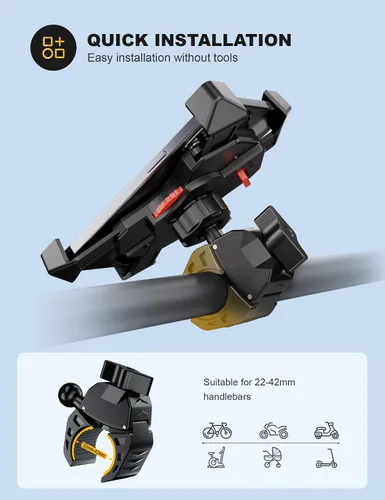 Vista 3 de Grefay Soporte universal para teléfono celular de motocicleta, abrazadera antivibraciones para bicicleta de carretera/MTB/Scooter con rotación