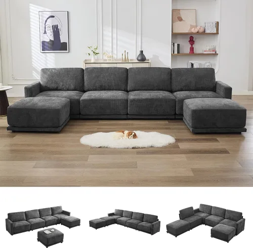 Vista 11 de Sofá modular en forma de L de 110.6 pulgadas, sofá modular de asiento profundo con otomana móvil, sofás gruesos de 4 asientos de gran