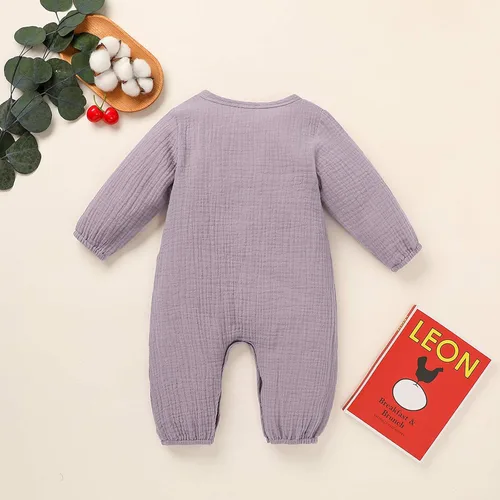 Vista 3 de Ropa de bebé con bolsillos, trajes de algodón para niña, mameluco de lino para niñas (morado, 3-6 meses)