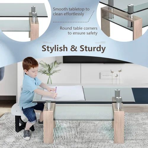 Vista 7 de Tangkula Mesa auxiliar rectangular de cristal, mesa auxiliar moderna con estante inferior, mesa de vidrio templado y patas de metal, adecuada