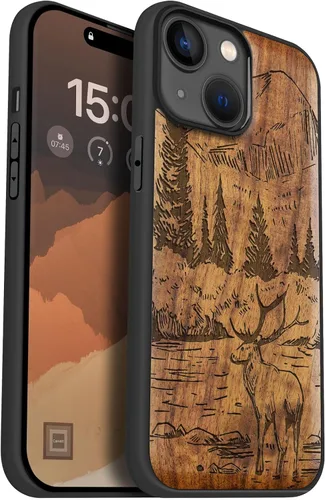 Vista 12 de Carveit Funda magnética de madera para iPhone 15, compatible con cargadores inalámbricos MagSafe, funda negra de TPU suave a prueba de golpes