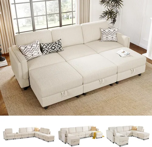 Vista 29 de KKL Sofá cama modular modular con otomana de almacenamiento, sofá cama convertible en forma de L/U para sala de estar, diseño reversible moderno