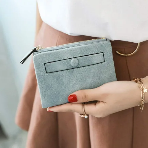 Vista 2 de AOXONEL Cartera pequeña de cuero plegable para mujer, mini monedero con cremallera, bolsillo para tarjeta de identificación, delgado y compacto