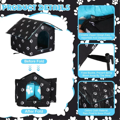 Vista 3 de Casa impermeable para gatos al aire libre, casas para mascotas callejeras, refugio para gatos y perros, refugio plegable para mascotas con manta