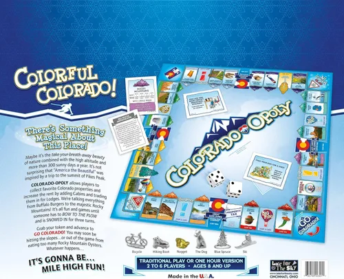 Vista 5 de Late for The Sky Colorado-Opoly Juego de mesa – Colorado Travel Family Game Night, estrategia comercial de propiedades, hecho en Estados Unidos, 2-6