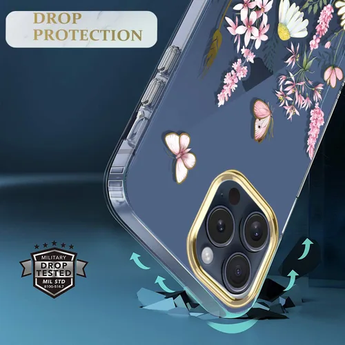 Vista 4 de luolnh Funda compatible con iPhone 15 Pro, para mujeres y niñas, a prueba de golpes, transparente, patrón floral, carcasa trasera dura para iPhone