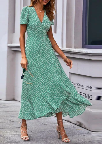 Vista 2 de PRETTYGARDEN - Vestido largo de verano cruzado para mujer, con cuello en V, estilo bohemio, floral, manga corta, dobladillo con volantes