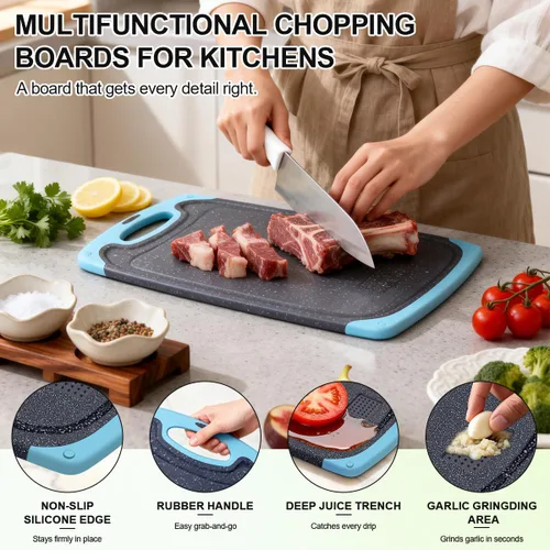 Vista 2 de Tabla de cortar de plástico, 3 tablas de cortar aptas para lavavajillas con ranuras para jugo, mango de fácil agarre, antideslizante, con área