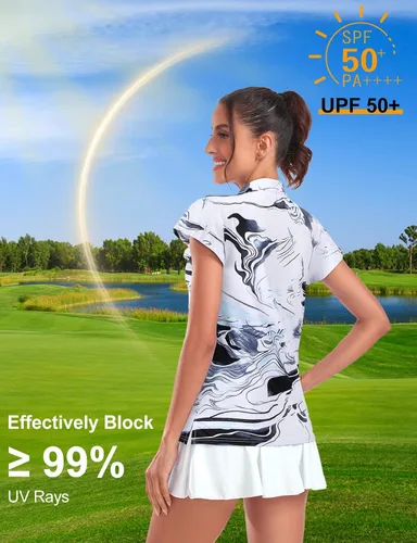 Vista 6 de Tanst Sky Polo de golf para mujer, con cremallera de 14, volantes, manga corta, secado rápido, para entrenamiento