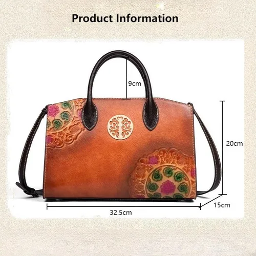 Vista 3 de Genuine Leather Floral Embossed Handbag for Women Handmade Vintage Tote Purse