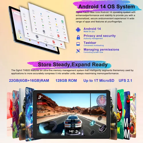 Vista 3 de Tableta Android 2026 de 10 pulgadas, 22G RAM+128G ROM/expansión de 1 TB, batería de 8000 mAh, octa-Core, pantalla HD 1280 * 800 IPS, desbloqueo