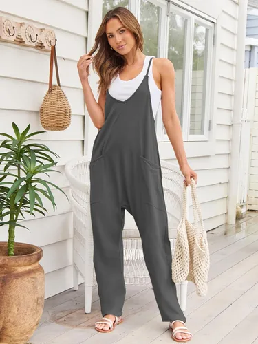 Vista 4 de AUTOMET Enterizo informal para mujer, para el verano, rómper, sin mangas, holgado, con tirantes delgados, overol con bolsillos