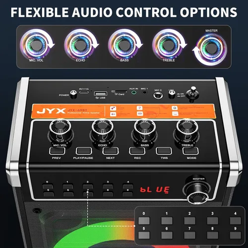 Vista 4 de JYX - Máquina de karaoke con 2 micrófonos inalámbricos, altavoz Bluetooth portátil con ajuste de graves/agudos y luz LED, compatible con TWS