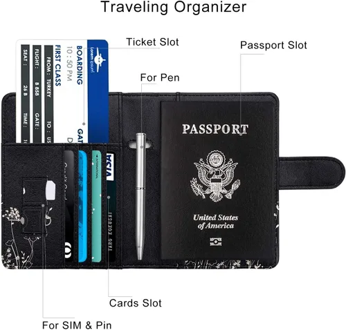 Vista 5 de WALNEW Funda para pasaporte, funda para pasaporte, tarjeta, cartera, C-black Flowers, Estilo C