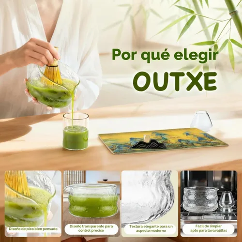 Vista 2 de OUTXE Juego de batidor de matcha, 7 piezas de kit de matcha para ceremonia, con cuenco transparente de matcha, boquilla, batidor y soporte de bambú