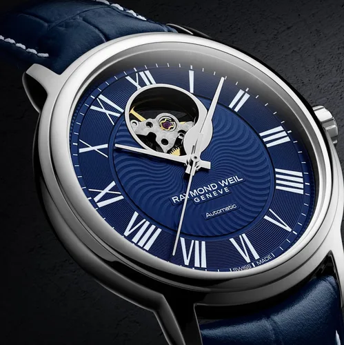 Vista 2 de Raymond Weil Maestro Blues Reloj automático con rueda de equilibrio visible para hombre, esfera azul, números romanos, correa de cuero azul, 1.555