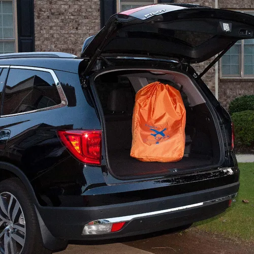 Vista 7 de Bolsa de viaje para asiento de automóvil y portaequipajes para puerta con bolsa de viaje, naranja brillante con letras azules para aeropuerto