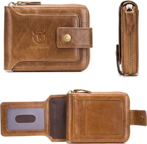 Vista 17 de LUKZIJAES Billetera de cuero genuino para hombre, con bloqueo RFID, delgada, plegable, bolsillo frontal, #3-Café, Vintage