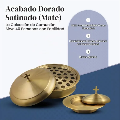 Vista 2 de Communion Ware - Bandeja para servir vino santo con tapa y un plato de pan apilable con tapa, acero inoxidable (latón/dorado)