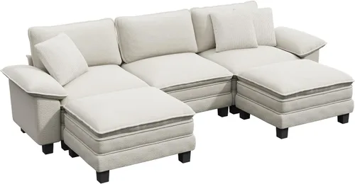 Vista 3 de Sofá seccional en forma de U de 123 pulgadas con cojines tipo nube, juego de sofá modular de asiento profundo con 5 asientos y 2 otomanos, brazos