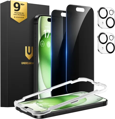Vista 14 de UNBREAKcable Protector de pantalla de privacidad para iPhone 15 (6.1 pulgadas), paquete de 2 + 2 protectores de lente, antiespía de 25°, dureza 9H