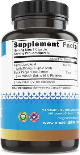 Vista 5 de Ancient Bliss Suplemento de ácido alfa lipoico, antioxidante y apoyo energético, suplemento ALA con bioperina, sin gluten y soja, 600 mg por