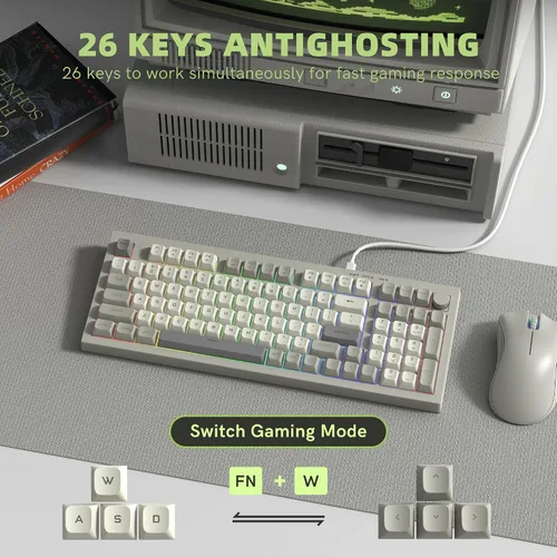 Vista 3 de womier DK98 Retro Wired Gaming Keyboard Creamy Membrane with Rainbow RGB Backlight - Quiet,Volume Knob,PBT Keycap 97 Key ANSI Layout Compatible with