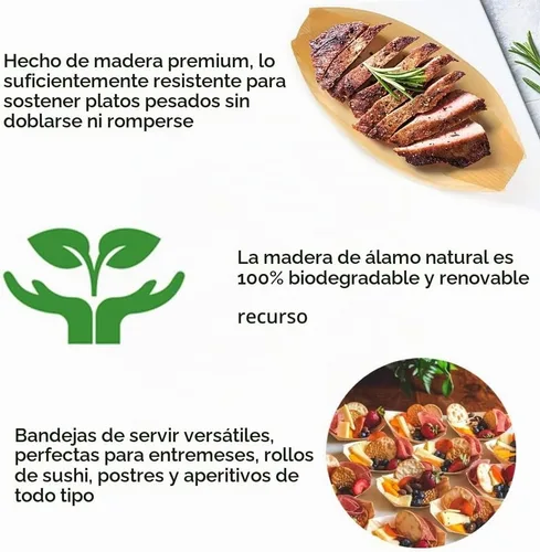 Vista 2 de Bandejas desechables de madera para servir, paquete de 100 platos desechables de 7 pulgadas, platos desechables para aperitivos, sushi, postres