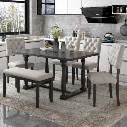 Vista 9 de Juego de mesa de comedor de madera de 6 piezas, juego de mesa de cocina con rectangular, juego de mesa de comedor con banco tapizado y 4 sillas