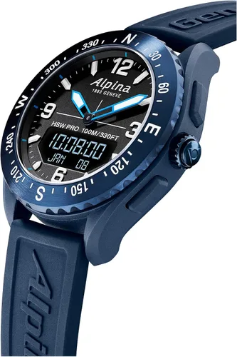 Vista 2 de Alpina Reloj inteligente de cuarzo suizo multifuncional con bisel de brújula bidireccional para hombre correa de goma azul marino