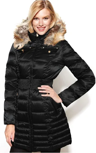 Vista 17 de Laundry by Shelli Segal womens Quilted Puffer Coat with Faux Fur-Trimmed Hood & Fit-and-Flare Waist Hueso