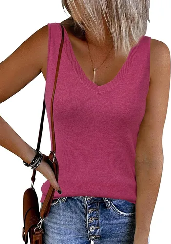 Vista 16 de Arach&Cloz Camiseta sin mangas de mezcla de lana para mujer, cuello en V Albaricoque