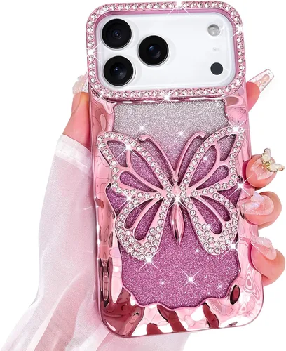 Vista 17 de Bonoma Funda con purpurina para iPhone 13 Pro Max, bonita funda 3D con patrón de chapado en degradado de mariposa de diamante, protección de cámara