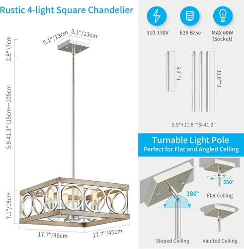 Vista 3 de XINGQI Candelabro moderno cuadrado de 17.7 pulgadas, 4 luces, lámpara colgante de granja para comedor, sala de estar, dormitorio, isla de cocina