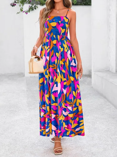 Vista 4 de PRETTYGARDEN Vestido largo de verano para mujer, con tirantes delgados, bohemio, floral, a rayas, para invitadas de boda, playa, vacaciones, vestido
