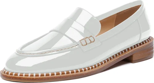 Vista 20 de FOGEENA Mocasines de tacón bajo para mujer, estilo casual, puntera redonda, de charol grueso, de 1 pulgada