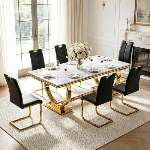 Vista 20 de Juego de mesa de comedor de mármol para 4, mesa de cocina rectangular de mármol blanco de 70 pulgadas con base en O de acero inoxidable dorado
