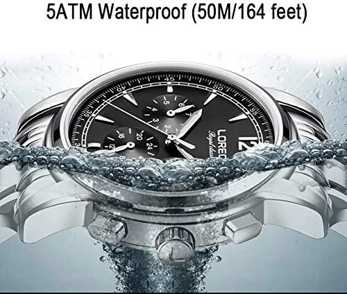 Vista 4 de LOREO Reloj de hombre automático multifunción de zafiro plateado de acero inoxidable con fecha, esfera negra, resistente al agua