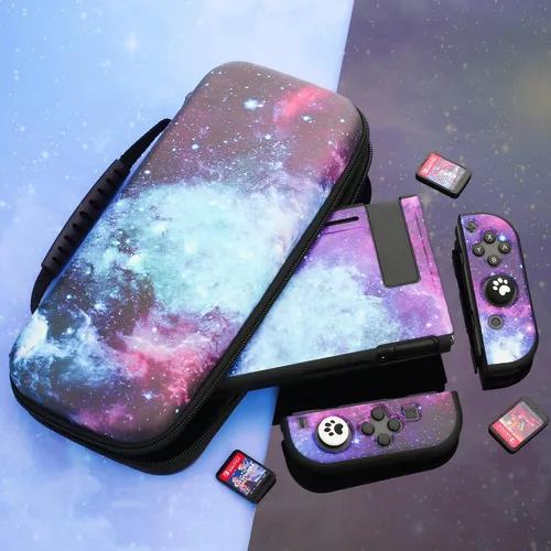 Vista 7 de Funda de transporte para Nintendo Switch, funda de almacenamiento portátil de viaje estrellada morada con funda protectora de TPU suave, protector