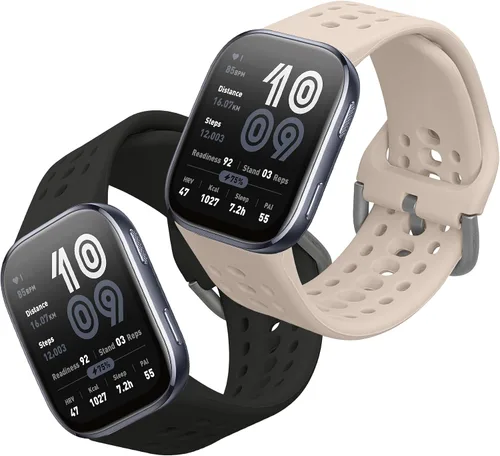 Vista 8 de kwmobile Correa compatible con Amazfit Bip 6 / Bip 5 Unity/Bip 5 / GTS 3 / Balance 2 / Correa de repuesto de silicona para reloj - Negro/Gris oscuro