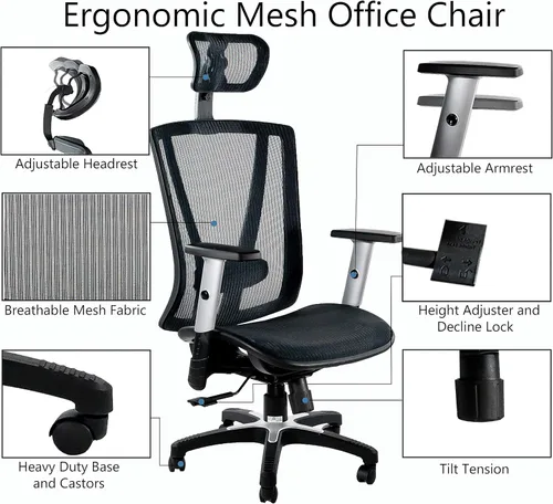 Vista 6 de Altura ergonómica ajustable, oficina en casa, malla, escritorio, soporte lumbar de computadora, alivio de espalda, cómoda silla transpirable, 52