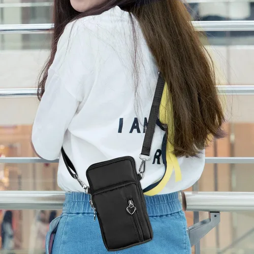 Vista 8 de Bolso cruzado de nailon para mujer para viaje, bolso de hombro para teléfono celular con pulsera, brazalete deportivo, cartera para teléfono Negro