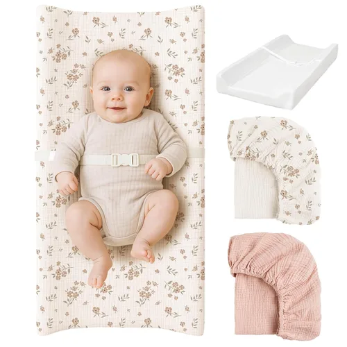 Vista 11 de Konssy Cambiador de muselina con espuma de forro impermeable, incluye 2 unidades de funda suave y de algodón, cambiador de pañales para bebé