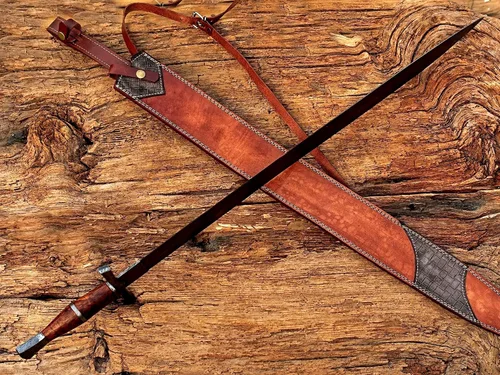 Vista 3 de Espada vikinga hecha a mano, espada medieval de acero de Damasco con funda de cuero, hoja de doble borde de 29 pulgadas