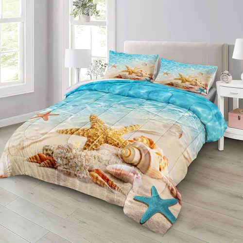 Vista 2 de Bedbay Juego de edredón con temática de playa, juego de edredón costero tamaño Queen, vida marina, turquesa, estrellas de mar, juego de edredón